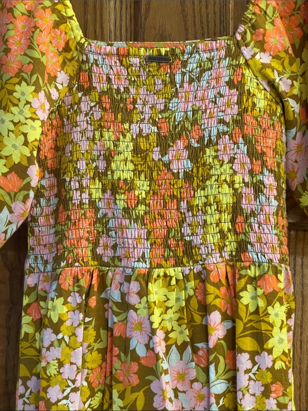 Billabong Floral Puff Sleeve Mini Dress in Yellow Pink - Picture 3 of 4